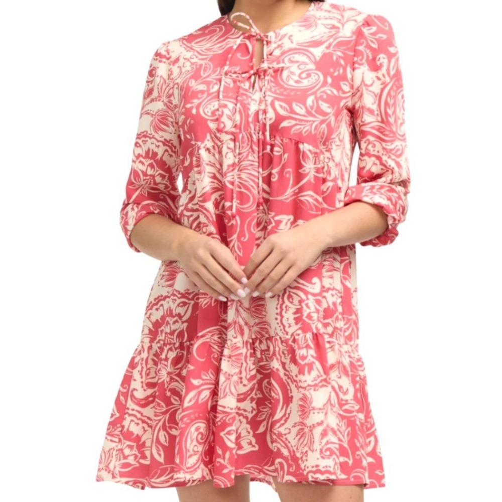 Ellen Tracy Womens Pink White‎ Paisley Floral Tiered Babydoll Dress 3/4 Sleeve S